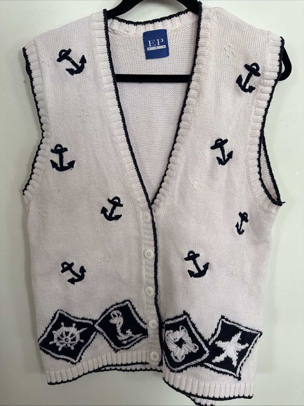 Vintage Women's Nautical Navy White vest Size L Embroidered Cotton Chunky